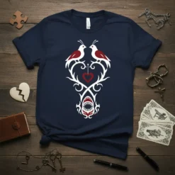 Tribal Birds Shark Design T-Shirt featuring two birds, a heart, and a shark mouth in white and red on a