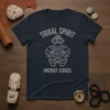 Tribal Spirit Ancient Echoes t-shirt featuring a stylized ancient figure graphic and text