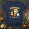 Trick or Cheese Halloween T-Shirt design with cute cheese characters in costume and a bat moon