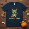 Trick Or Treat Halloween dog t-shirt with a green monster dog character holding a pumpkin candy bucket