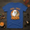 Trick or Treat Halloween T-Shirt with a smiling ghost carrying a candy bag, surrounded by pumpkins and bats