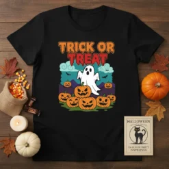 Trick or Treat Halloween t-shirt design with a cute ghost and pumpkins, featuring orange and red text