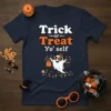 Trick or Treat Yo' self Halloween t-shirt with a cute ghost holding candy bags and wearing sunglasses