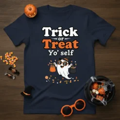 Trick or Treat Yo' self Halloween t-shirt with a cute ghost holding candy bags and wearing sunglasses