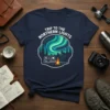 Trip to the Northern Lights text design with RV, campfire, and aurora borealis graphic on a navy t-shirt