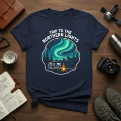 Trip to the Northern Lights text design with RV, campfire, and aurora borealis graphic on a navy t-shirt
