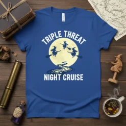 Triple Threat Night Cruise t-shirt design with three witches flying on broomsticks in front of a full moon