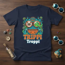 Trippi Troppi t-shirt with retro diver helmet, cat, fish, and jellyfish design in vibrant psychedelic colors