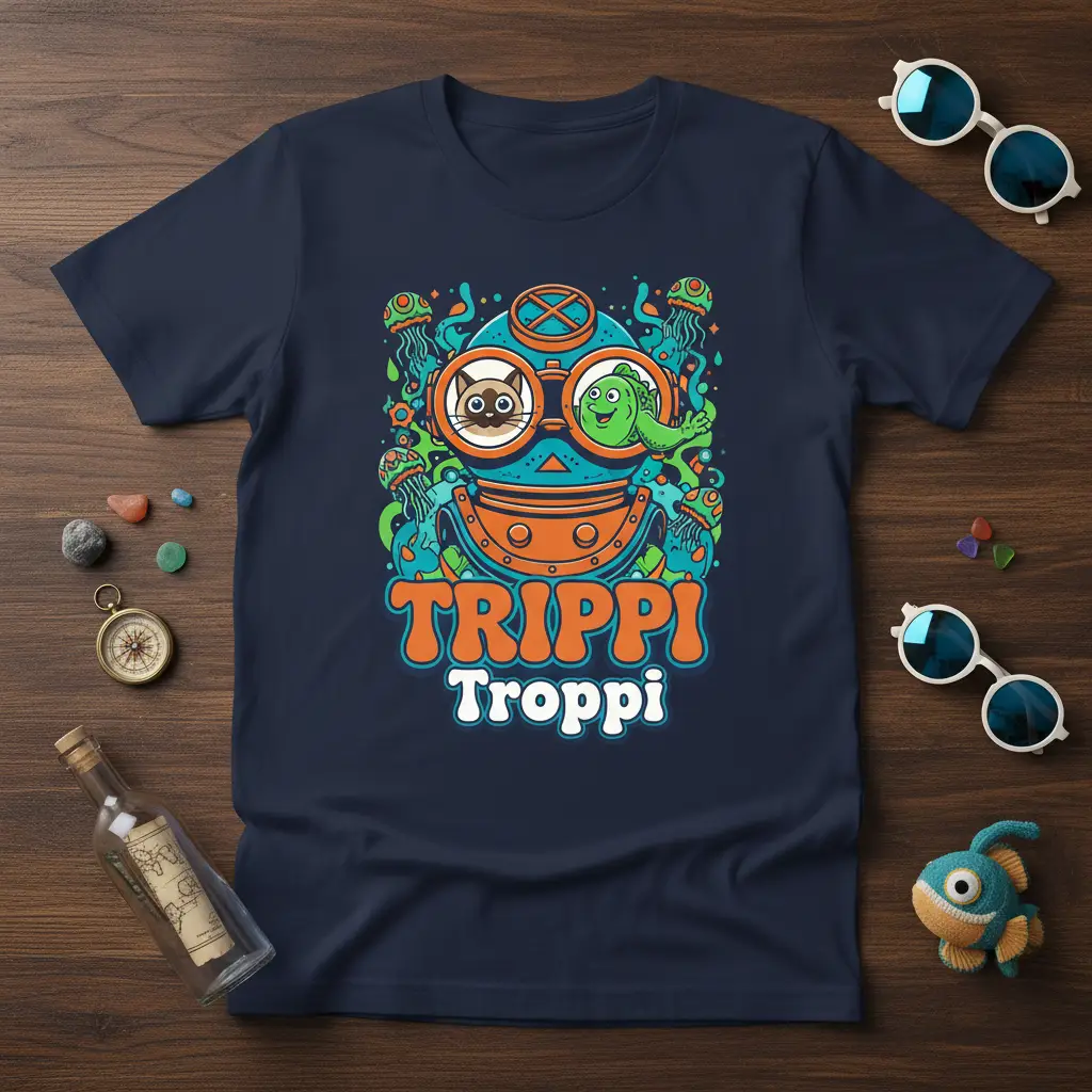 Trippi Troppi text and retro diver helmet graphic with cat, fish, and jellyfish, psychedelic style