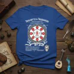 Troglodytes & Troubadours Character Record Sheet T-Shirt design with RPG stats and skull graphic