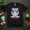 Tropic Roar T-Shirt design with a white tiger wearing sunglasses reflecting palm trees, text "TROPIC ROAR" and tropical palm icons