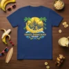 Tropical Banana Beach Holiday t-shirt design featuring a cityscape, palm trees, and a large banana with ocean waves