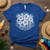 Tropical Bliss Island Life Est 2024 t-shirt design featuring white hibiscus flowers, palm leaves, and a banner with text