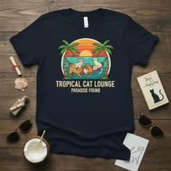 Tropical Cat Lounge Paradise Found t-shirt design featuring cats in a hammock on a beach with palm trees at sunset