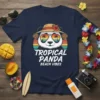 Tropical Panda Beach Vibes t-shirt design featuring a panda wearing sunglasses and a hat, with a sunset background