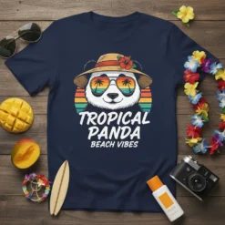 Tropical Panda Beach Vibes t-shirt design featuring a panda wearing sunglasses and a hat, with a sunset background