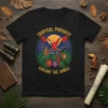Tropical Paradise Explore The Jungle t-shirt design with a colorful macaw, tropical flowers, and palm leaves