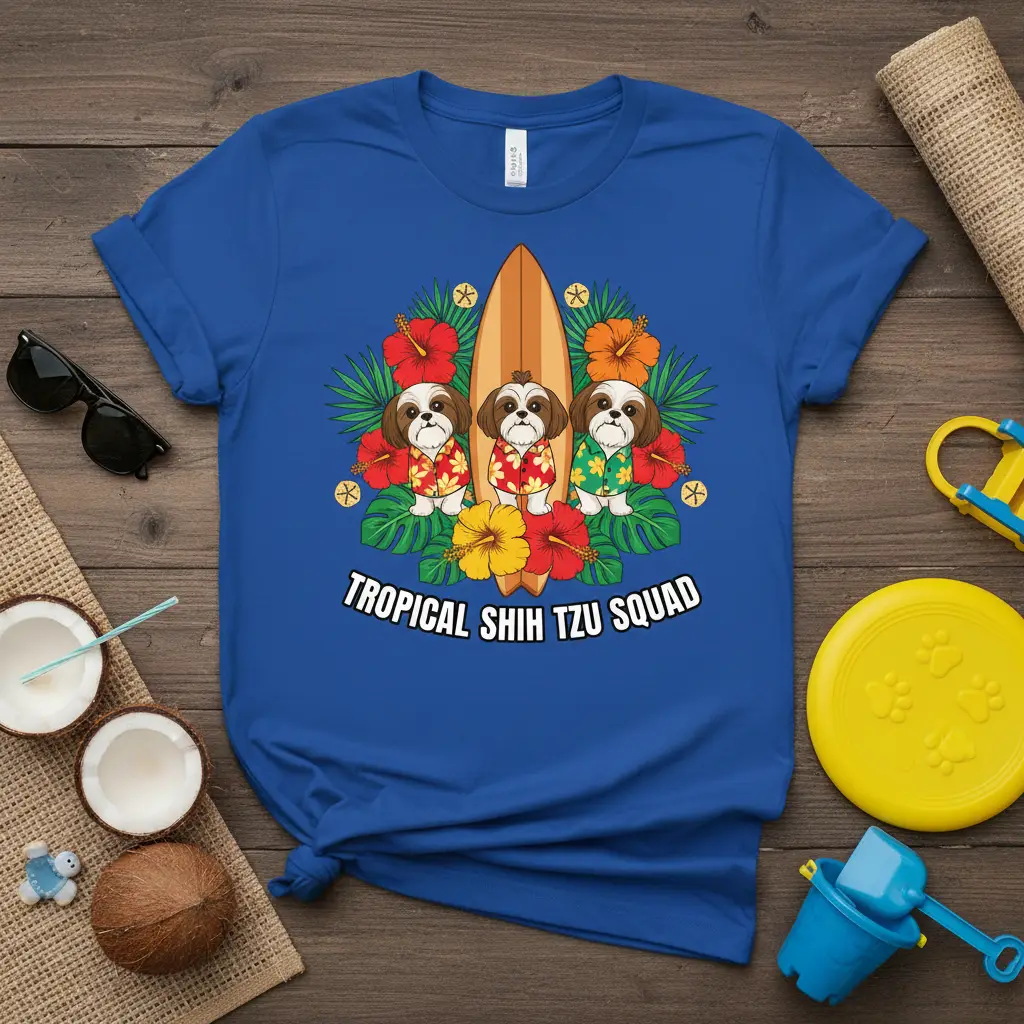 TROPICAL SHIH TZU SQUAD text and cartoon Shih Tzus in Hawaiian shirts with surfboard and tropical flowers