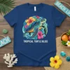 Tropical Turtle Bliss t-shirt design with a sea turtle surrounded by hibiscus flowers and ocean waves