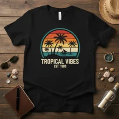 Tropical Vibes Est 1980 t-shirt with a retro sunset, palm trees, and sailboat graphic