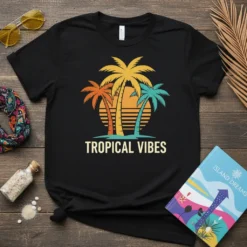 Black t-shirt with "Tropical Vibes" text and a retro sunset graphic featuring palm trees