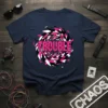 Navy t-shirt with the word TROUBLE in pink, surrounded by a dynamic, swirling geometric pattern in black, white, and pink