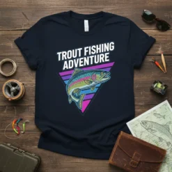 Trout Fishing Adventure text above a colorful trout graphic within a retro triangle design on a navy t-shirt
