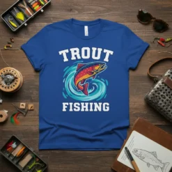 Trout Fishing T-Shirt with a colorful trout jumping through swirling water, white text above and below