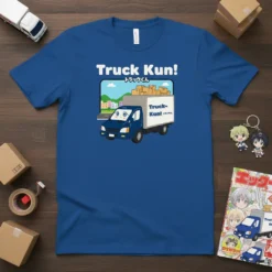 Truck Kun! トラックくん anime t-shirt with a cute blue delivery truck and Japanese text, featuring a cityscape background