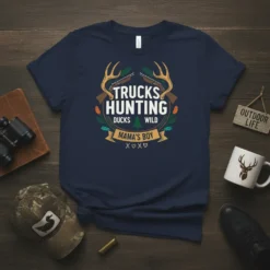 Trucks Hunting Ducks Wild Mama's Boy t-shirt with deer antlers, shotguns, and nature graphics