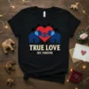 True Love Est. Forever t-shirt with blue elephants forming a heart shape, romantic quote, and hearts graphic