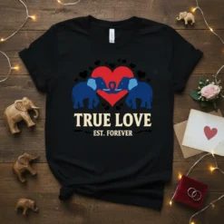 True Love Est. Forever t-shirt with blue elephants forming a heart shape, romantic quote, and hearts graphic