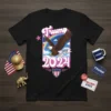 Trump 2024 T-Shirt with an eagle flying across a rainbow, featuring bold typography and an American shield emblem