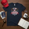 Trump Caucus Captain T-Shirt with eagle and shield graphic, navy blue color, political campaign design
