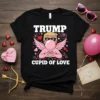 Trump Cupid Of Love t-shirt with graphic of Trump as a cupid blowing bubblegum, surrounded by hearts