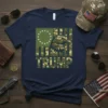 Navy t-shirt with a camouflage Trump logo, an eagle head, and a distressed American flag design with white stars