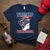 TRUMP Girl NO APOLOGIES text with a woman wearing an American flag bandana on a navy t-shirt