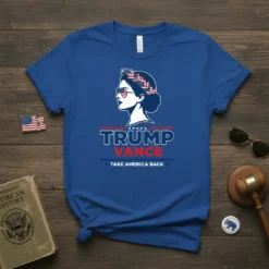 Trump Vance Take America Back t-shirt with a profile of a woman wearing a laurel wreath and sunglasses