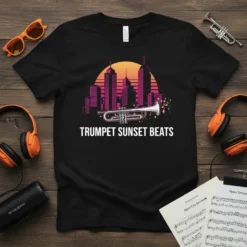 Trumpet Sunset Beats text and trumpet graphic on a black t-shirt, with a retro city skyline and sunset background