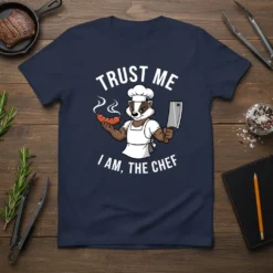 Trust Me I Am, The Chef text with a badger chef holding a sausage and cleaver on a navy t-shirt