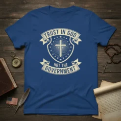Trust In God Not The Government t-shirt design with a cross and shield emblem