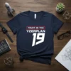 Navy blue t-shirt with bold white text "TRUST IN THE YZERPLAN 19" in a graphic design, primary keyword included