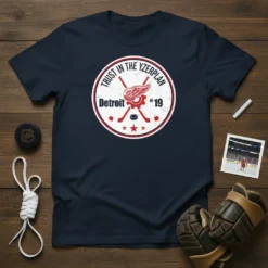 Trust in the Yzerplan Detroit #19 hockey t-shirt design with crossed hockey sticks and team logo
