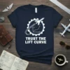 Navy t-shirt with "Trust The Lift Curve" text and airplane graphic showing lift curve diagram