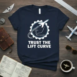 Navy t-shirt with "Trust The Lift Curve" text and airplane graphic showing lift curve diagram