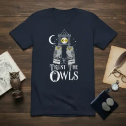 Trust The Owls quote with two owls on books, moon, and clock tower graphic on a navy t-shirt