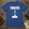 Blue t-shirt with "TRUTH" text, a dove on an open book, and a crystal, symbolizing spiritual revelation