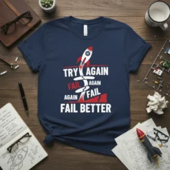 Motivational T-Shirt with "Try Again Fail Again Fail Better" text and a rocket graphic