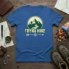 Tryna Hike mountain graphic t-shirt with scenic trail design and compass arrow