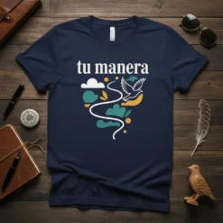 Navy t-shirt with white text "tu manera" and a graphic of a dove flying through clouds and stylized shapes